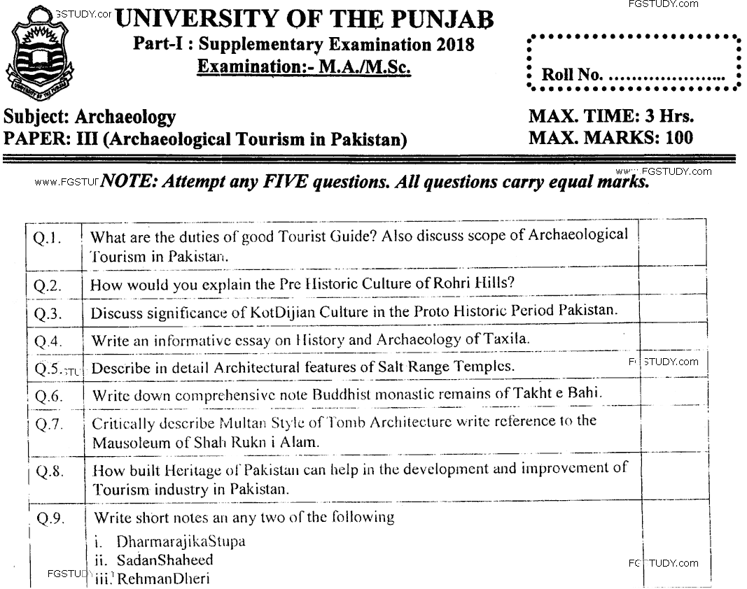 MA Part 1 Archaeology Archaeology Tourism In Pakistan Past Paper 2018 Punjab University
