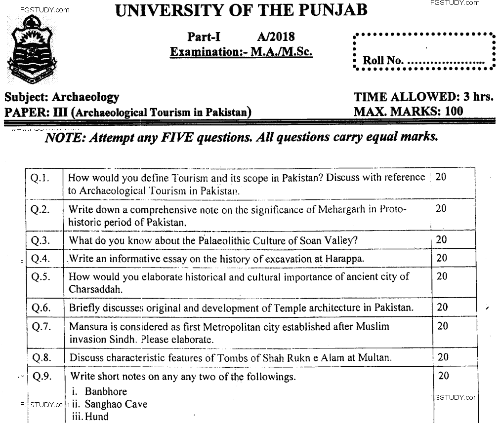 MA Part 1 Archaeology Archaeology Tourism In Pakistan Past Paper 2018 Punjab University