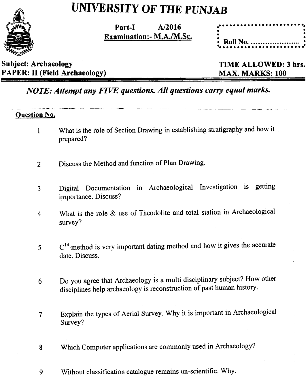 MA Part 1 Archaeology Field Archaeology And Museology Past Paper 2016 Punjab University