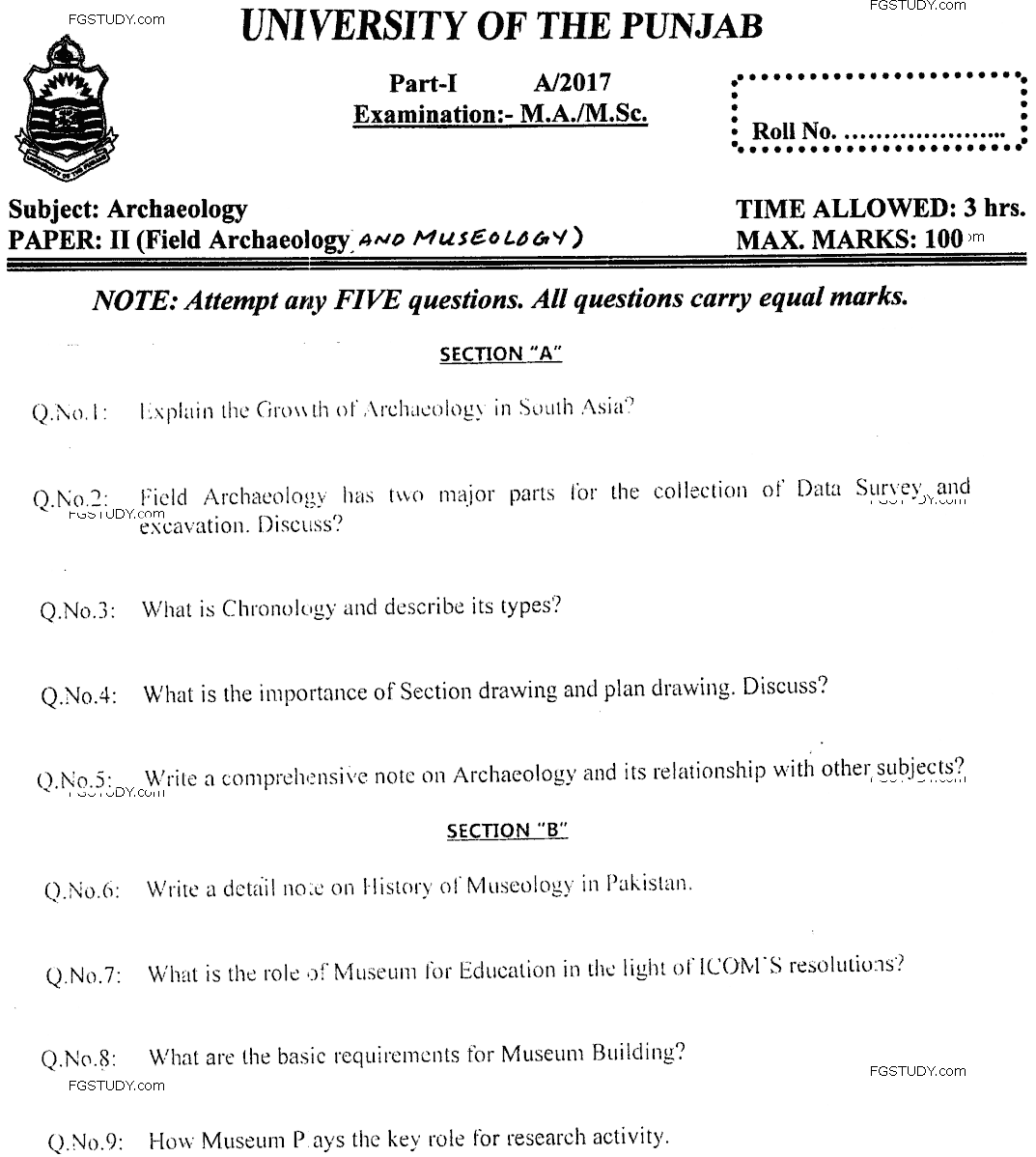 MA Part 1 Archaeology Field Archaeology And Museology Past Paper 2017 Punjab University