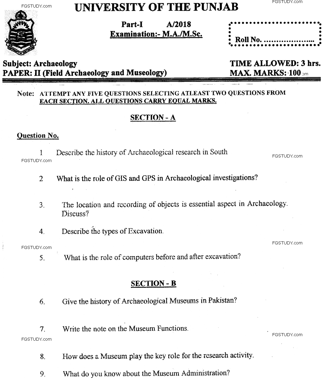 MA Part 1 Archaeology Field Archaeology And Museology Past Paper 2018 Punjab University