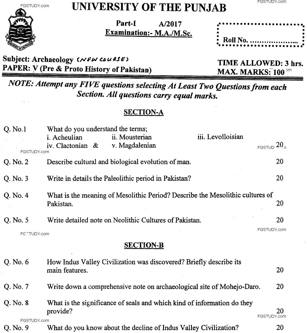 MA Part 1 Archaeology Pre And Proto History Of Pakistan Past Paper 2017 Punjab University