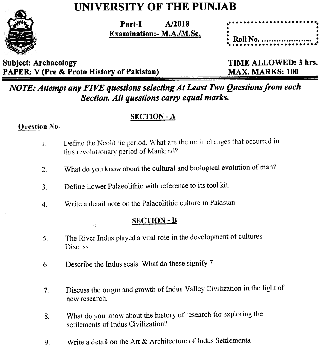 MA Part 1 Archaeology Pre And Proto History Of Pakistan Past Paper 2018 Punjab University