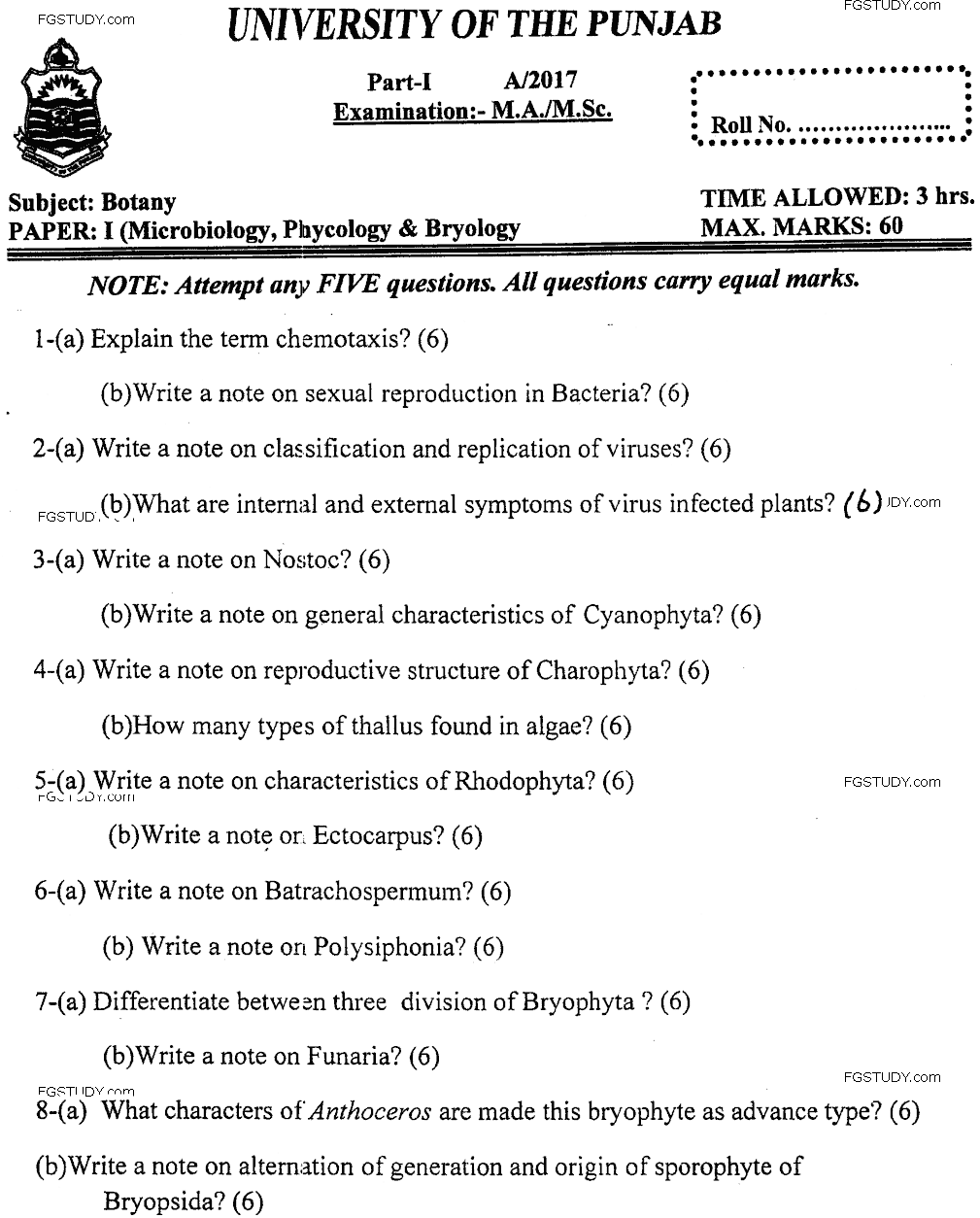 MA Part 1 Botany Microbiology Phycology And Bryology Past Paper 2017 Punjab University