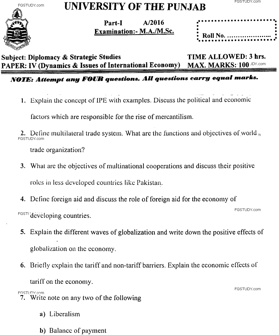 MA Part 1 Diplomacy And Strategic Studies Dynamics And Issues Of International Economy Past Paper 2016 Punjab University