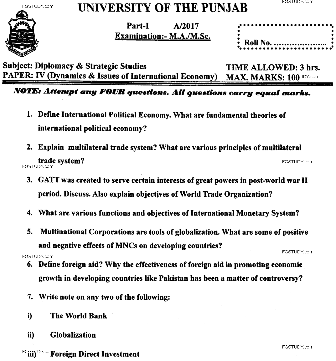 MA Part 1 Diplomacy And Strategic Studies Dynamics And Issues Of International Economy Past Paper 2017 Punjab University