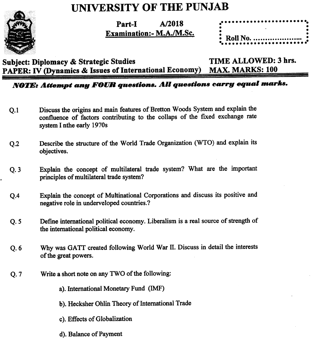 MA Part 1 Diplomacy And Strategic Studies Dynamics And Issues Of International Economy Past Paper 2018 Punjab University