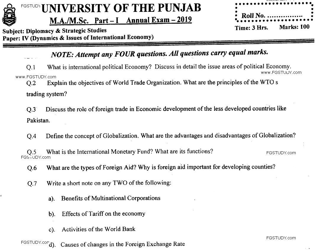 MA Part 1 Diplomacy And Strategic Studies Dynamics And Issues Of International Economy Past Paper 2019 Punjab University