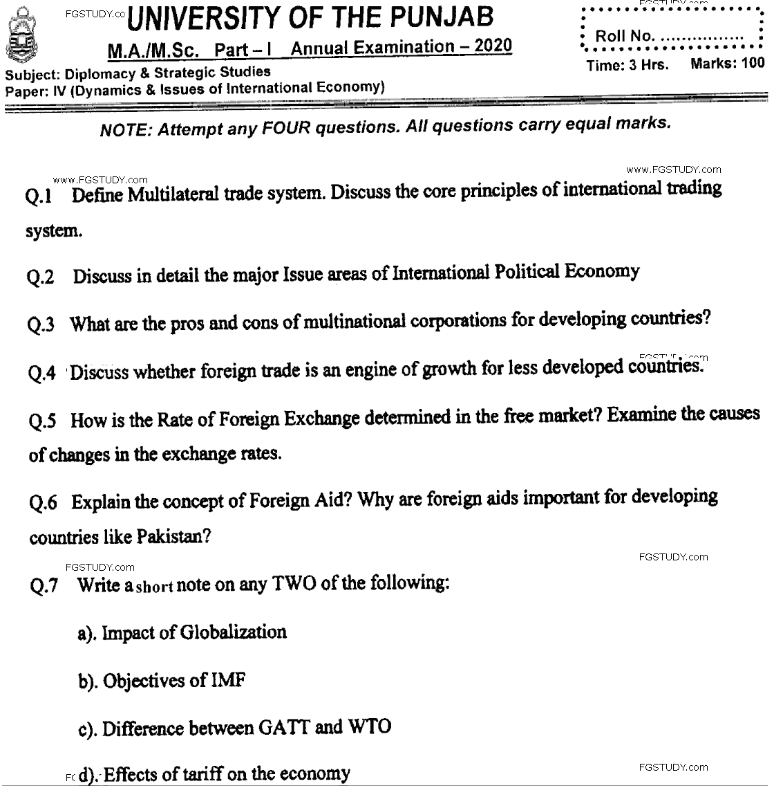 MA Part 1 Diplomacy And Strategic Studies Dynamics And Issues Of International Economy Past Paper 2020 Punjab University