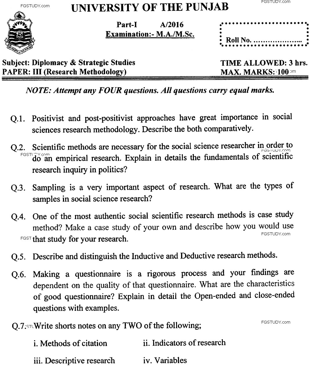 MA Part 1 Diplomacy And Strategic Studies Research Methodology Past Paper 2016 Punjab University