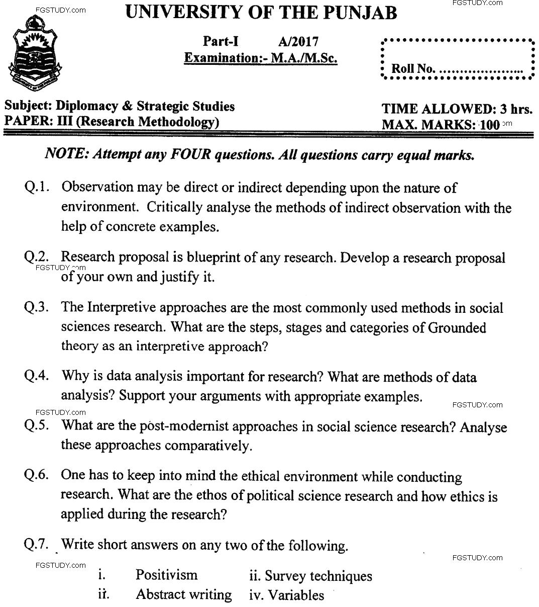 MA Part 1 Diplomacy And Strategic Studies Research Methodology Past Paper 2017 Punjab University