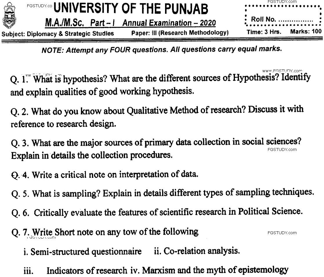MA Part 1 Diplomacy And Strategic Studies Research Methodology Past Paper 2020 Punjab University