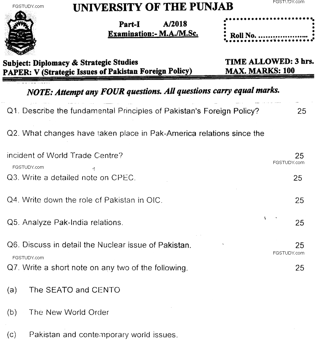 MA Part 1 Diplomacy And Strategic Studies Strategic Issues Of Pakistan Foreign Policy Past Paper 2018 Punjab University