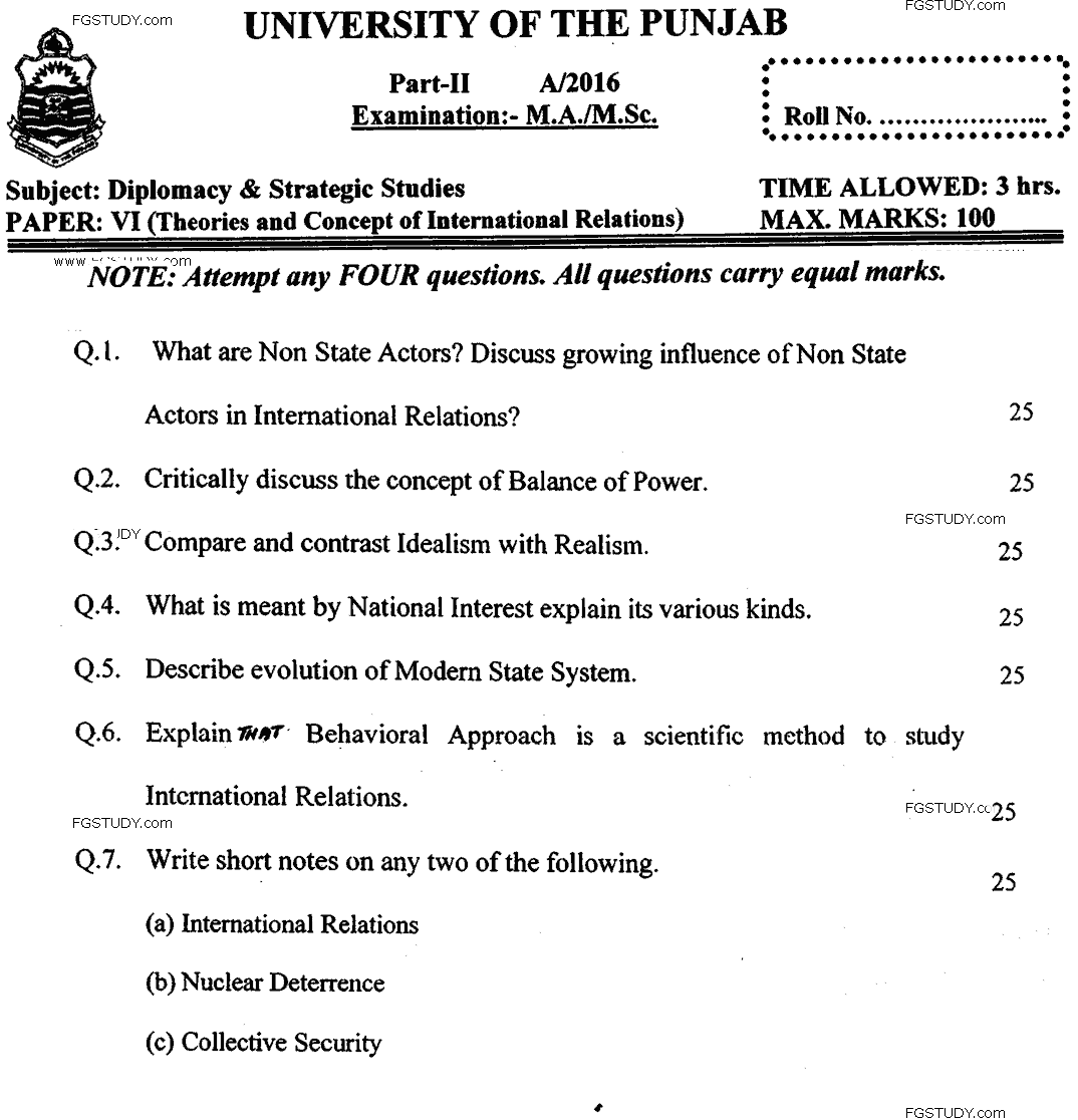 MA Part 1 Diplomacy And Strategic Studies Theories And Concept Of International Relations Past Paper 2016 Punjab University