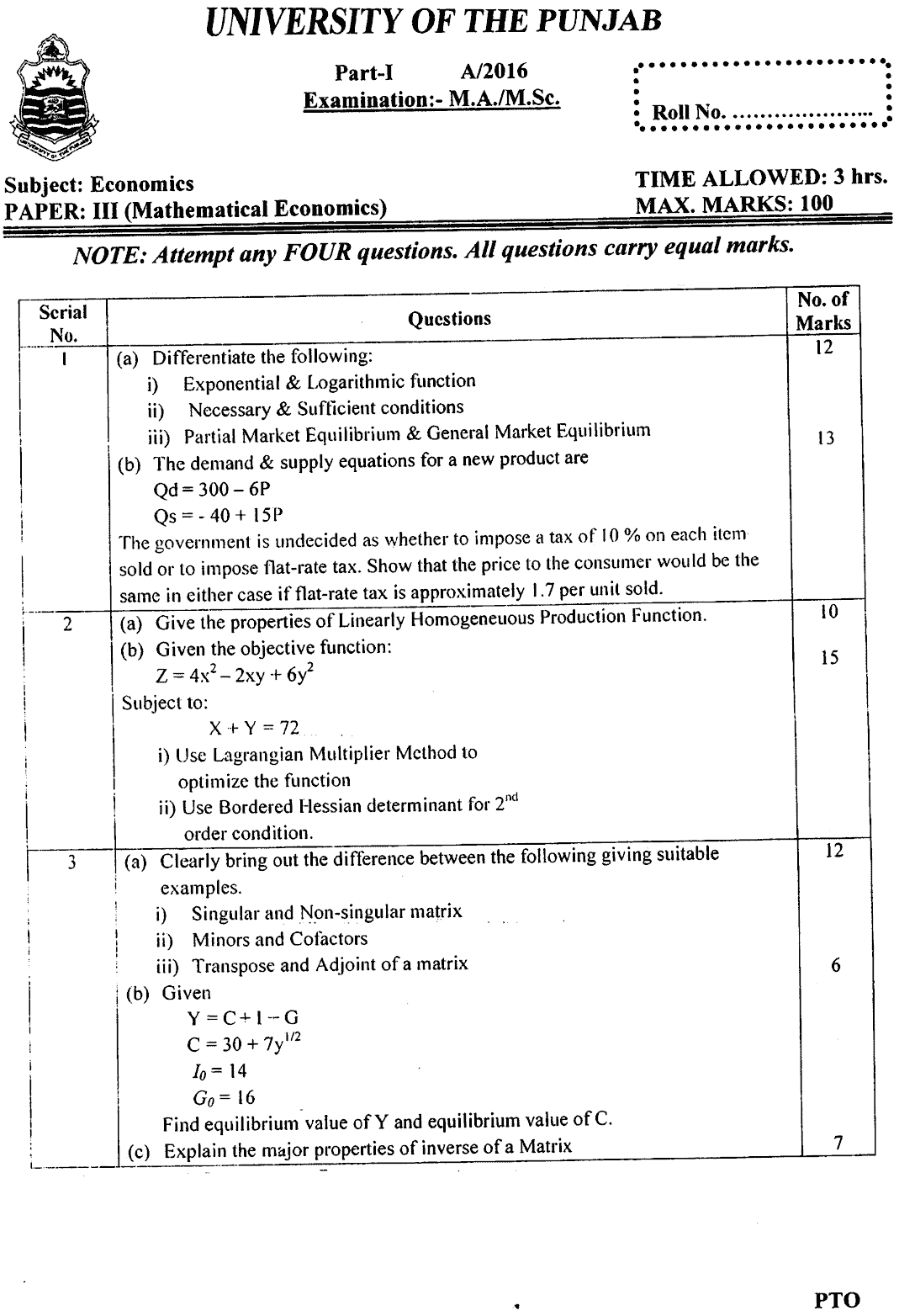 MA Part 1 Economics Mathematical Economics Past Paper 2016 Punjab University