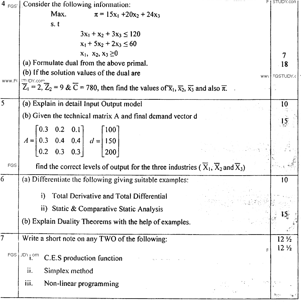 MA Part 1 Economics Mathematical Economics Past Paper 2016 Punjab University
