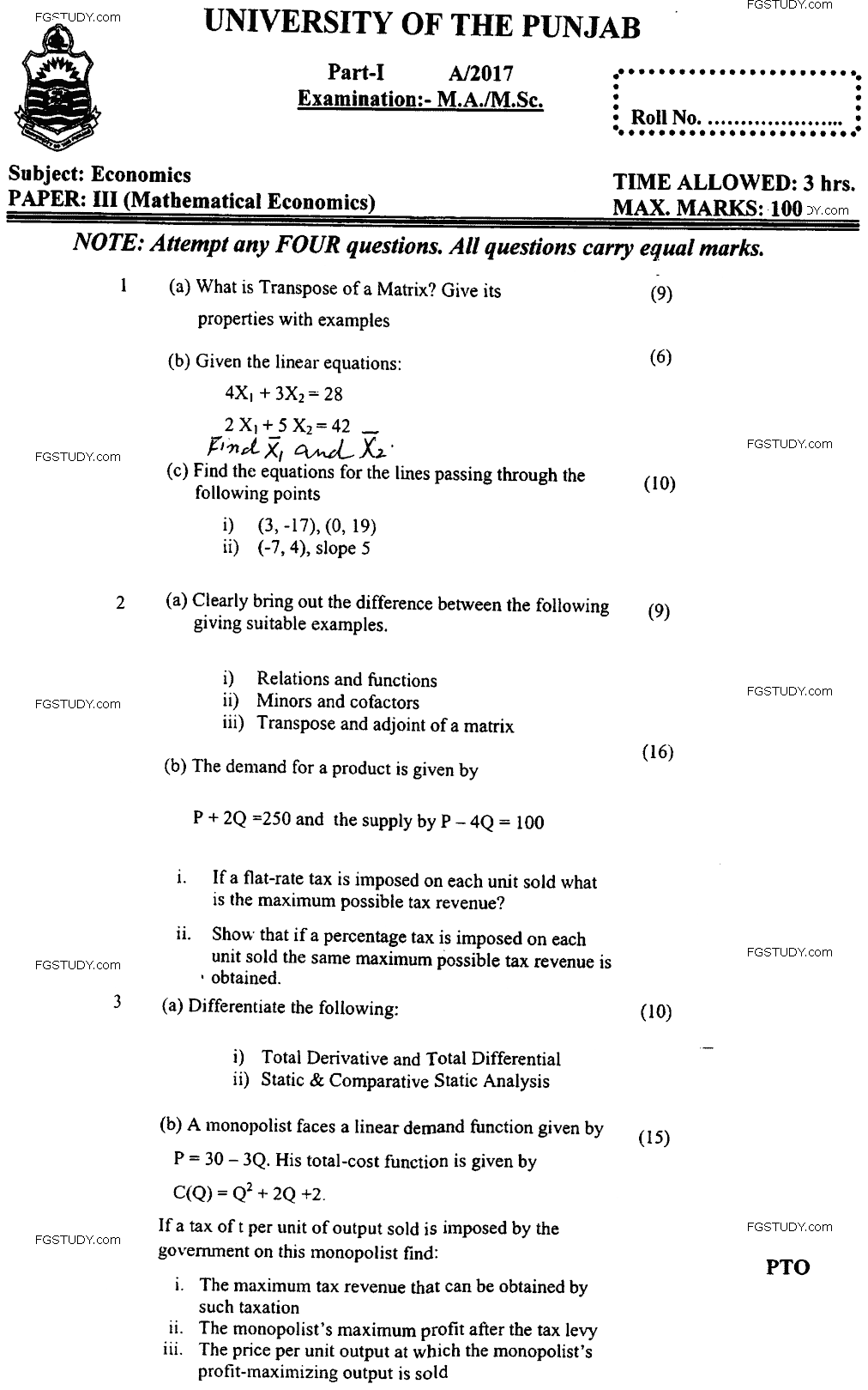 MA Part 1 Economics Mathematical Economics Past Paper 2017 Punjab University