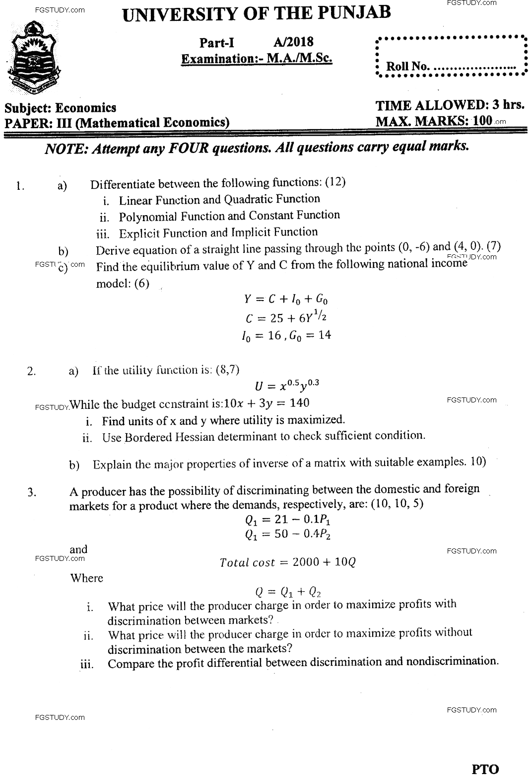 MA Part 1 Economics Mathematical Economics Past Paper 2018 Punjab University