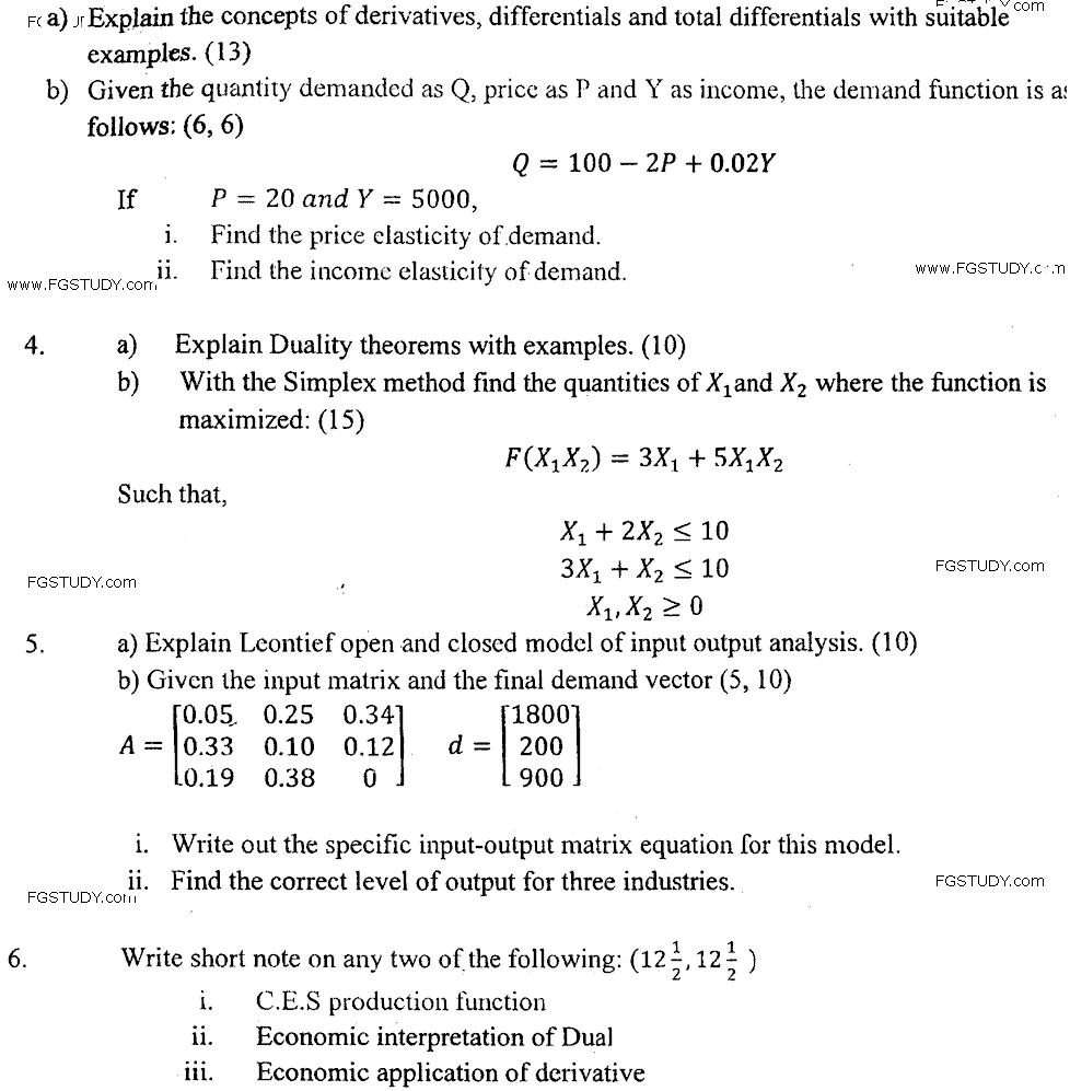MA Part 1 Economics Mathematical Economics Past Paper 2018 Punjab University