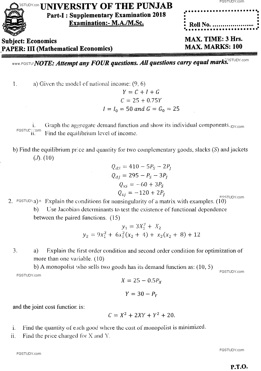 MA Part 1 Economics Mathematical Economics Past Paper 2018 Punjab University