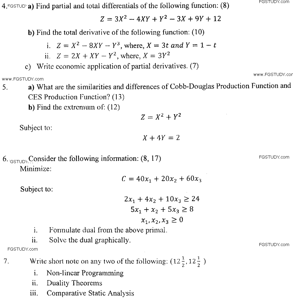 MA Part 1 Economics Mathematical Economics Past Paper 2018 Punjab University