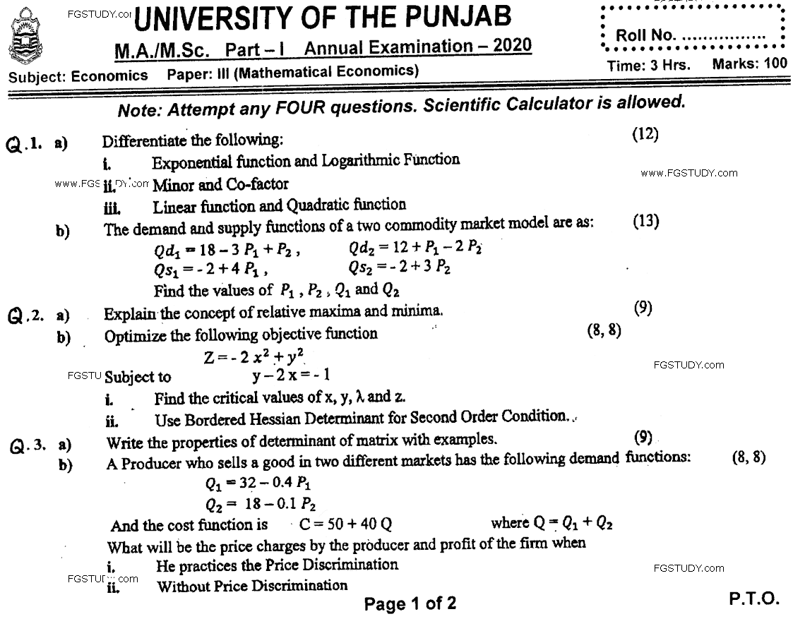 MA Part 1 Economics Mathematical Economics Past Paper 2020 Punjab University
