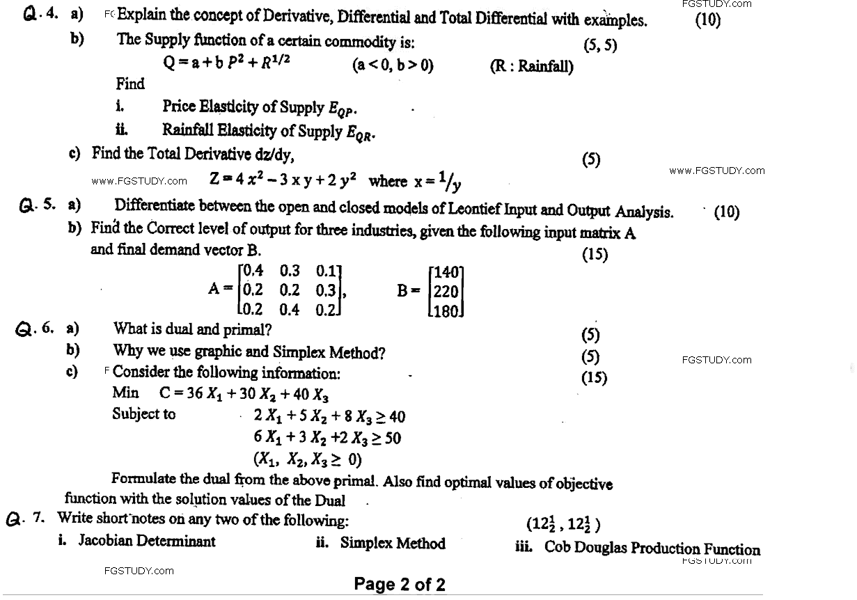 MA Part 1 Economics Mathematical Economics Past Paper 2020 Punjab University