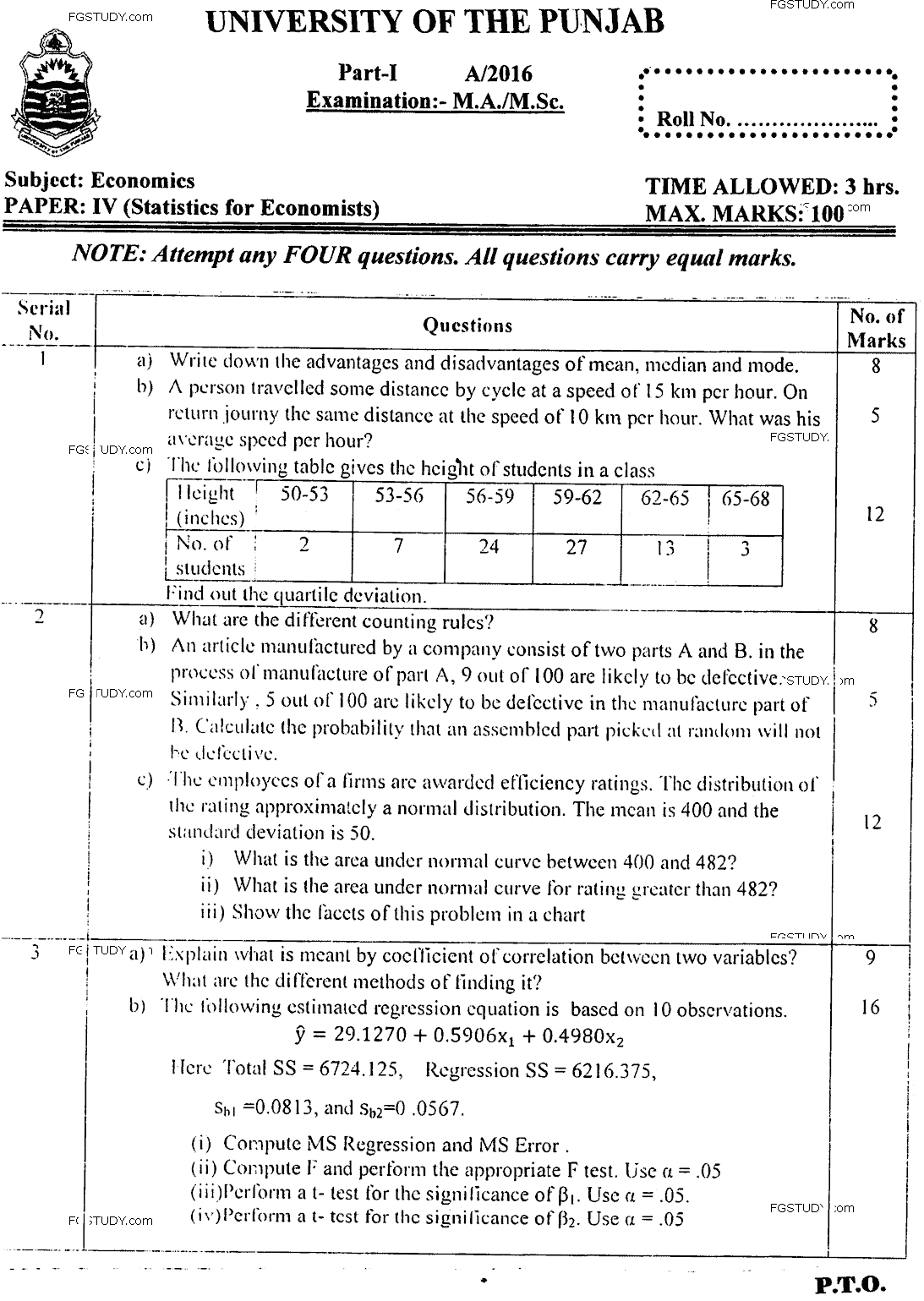MA Part 1 Economics Statistics For Economists Past Paper 2016 Punjab University