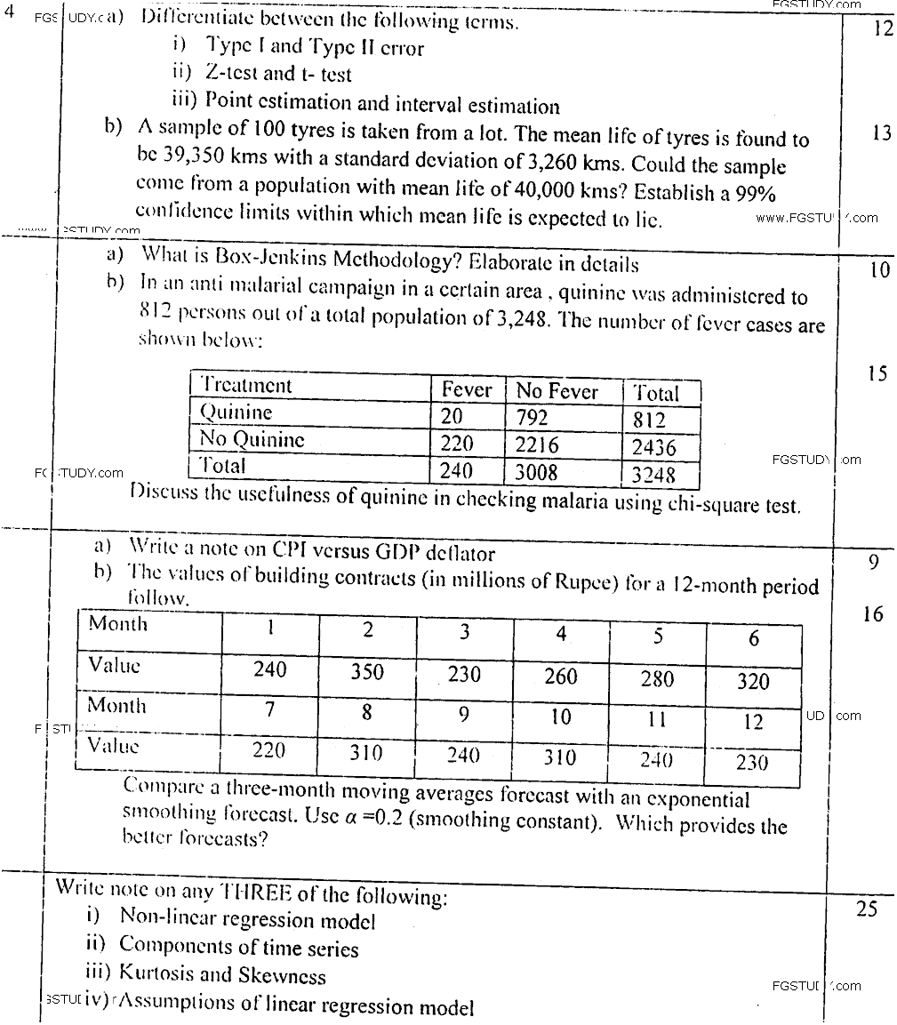MA Part 1 Economics Statistics For Economists Past Paper 2016 Punjab University
