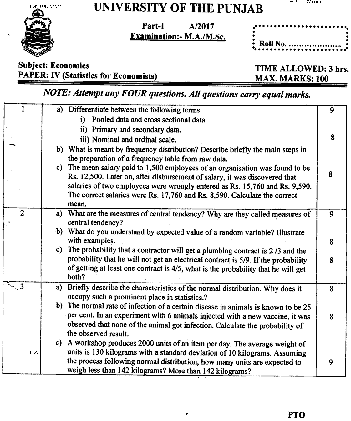 MA Part 1 Economics Statistics For Economists Past Paper 2017 Punjab University