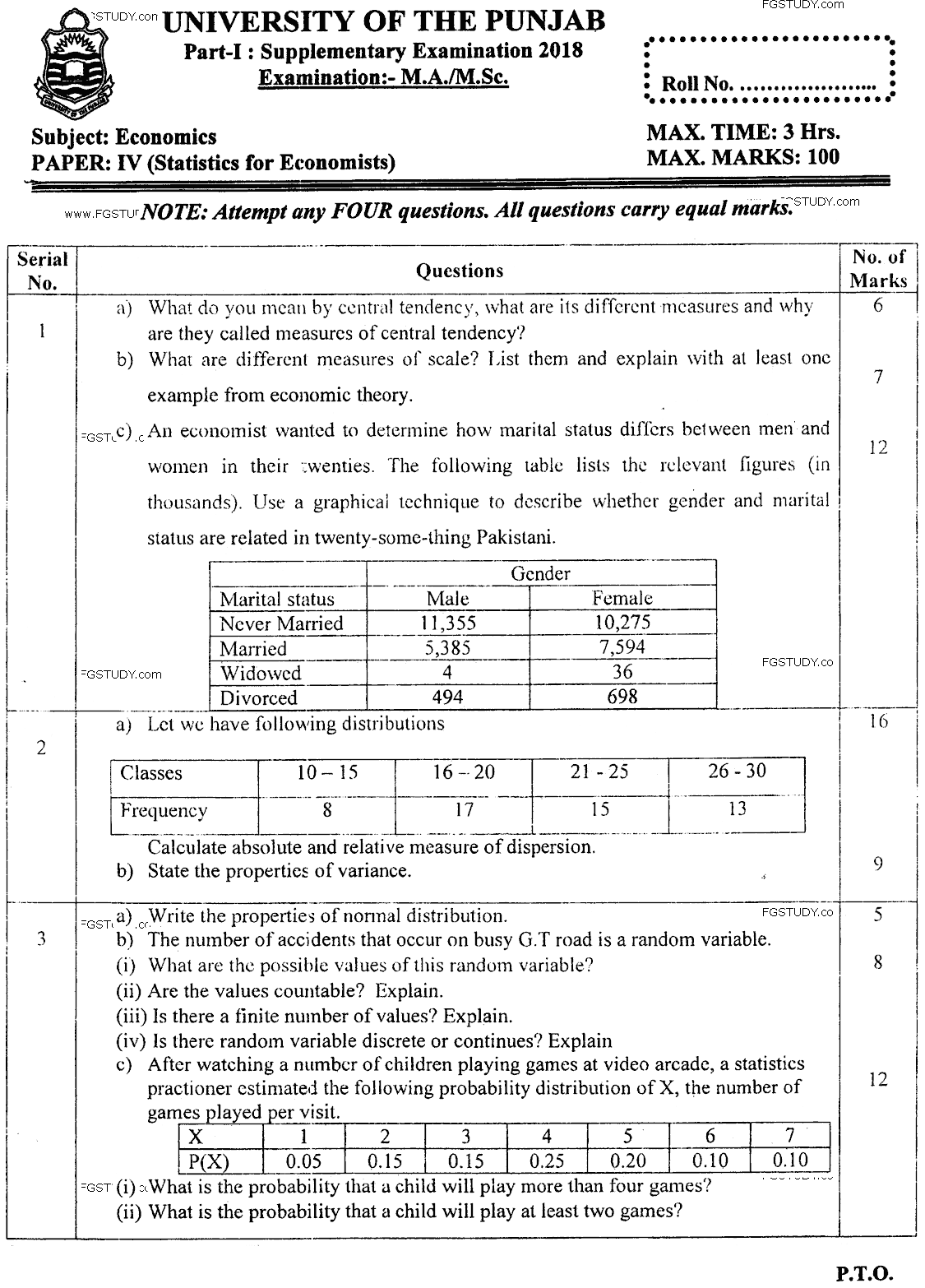MA Part 1 Economics Statistics For Economists Past Paper 2018 Punjab University