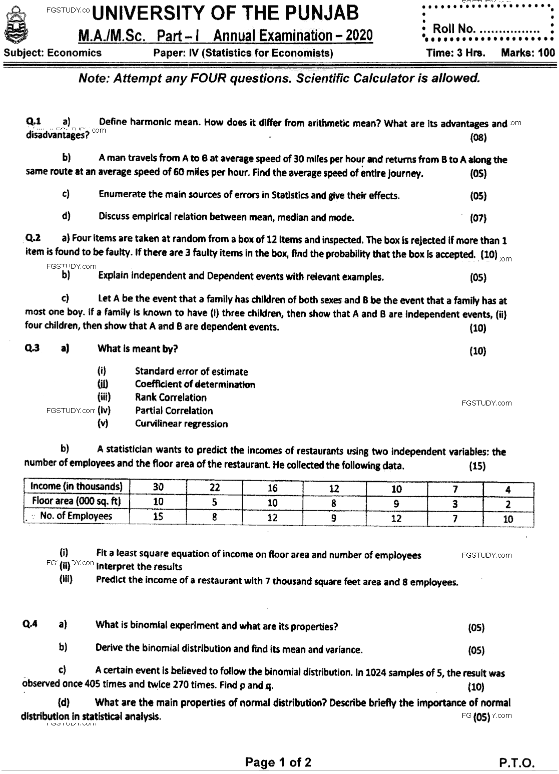 MA Part 1 Economics Statistics For Economists Past Paper 2020 Punjab University