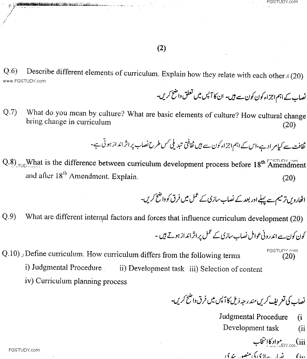 MA Part 1 Education Elementary Leadership And Management In Elementary Schools Past Paper 2018 Punjab University