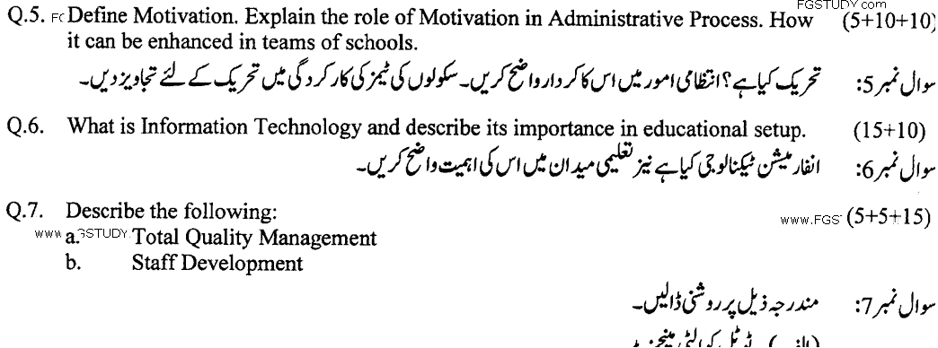 MA Part 1 Education Elementary Leadership And Management In Elementary Schools Past Paper 2019 Punjab University