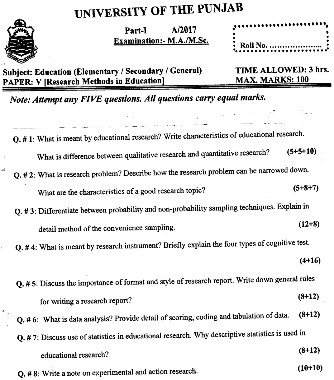 MA Part 1 Education Elementary Research Methods In Education Past Paper 2017 Punjab University