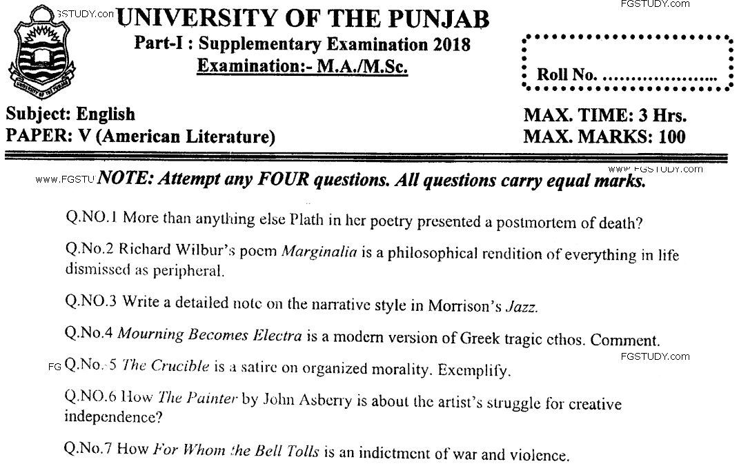 MA Part 1 English American Literature Past Paper 2018 Punjab University