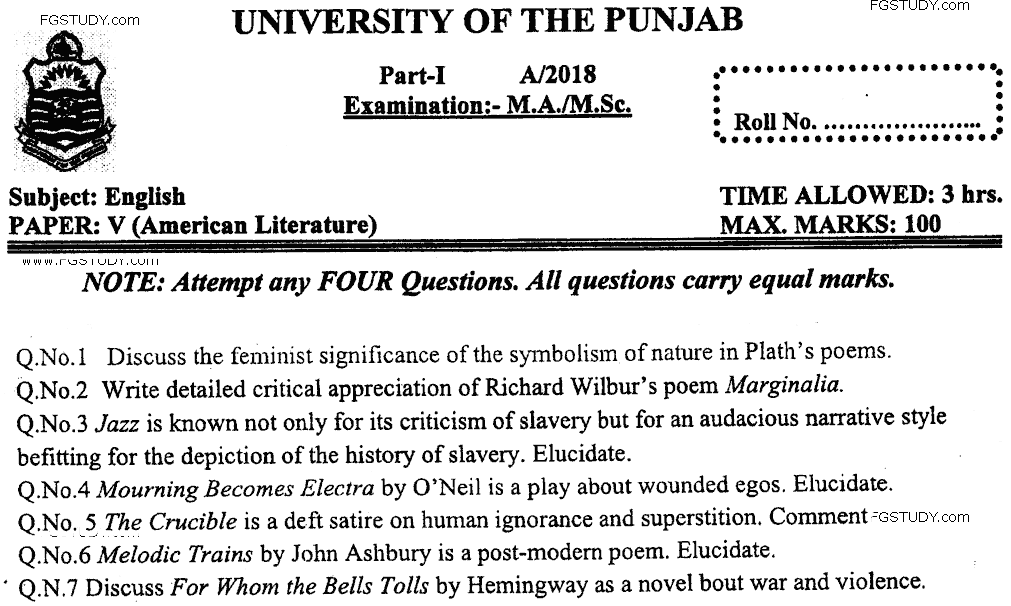 MA Part 1 English American Literature Past Paper 2018 Punjab University