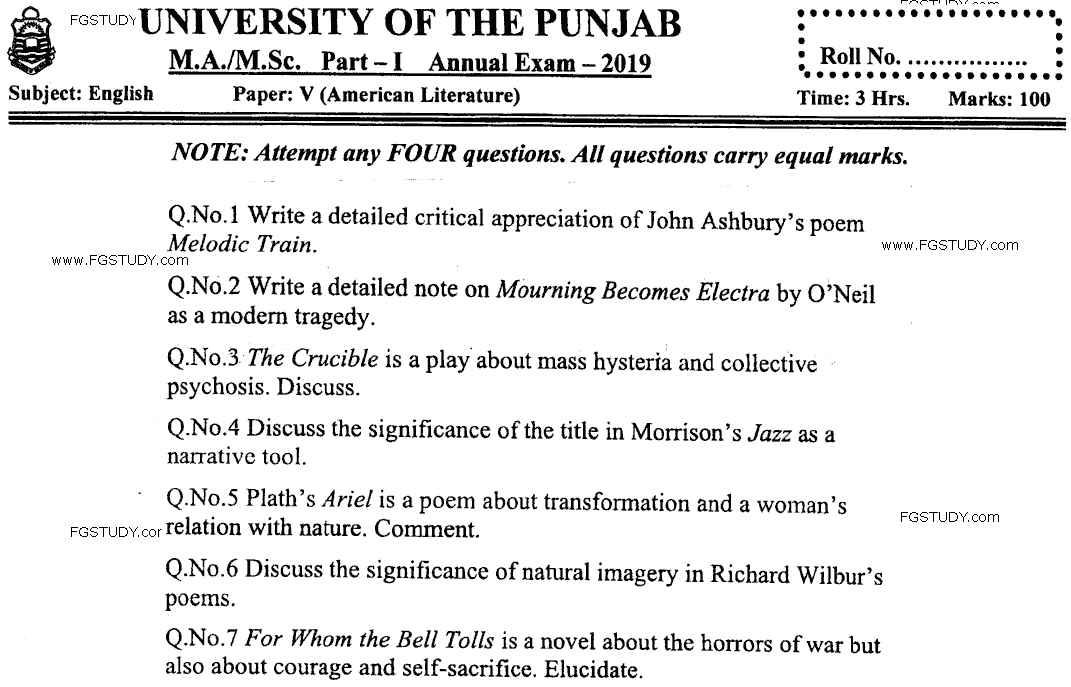 MA Part 1 English American Literature Past Paper 2019 Punjab University