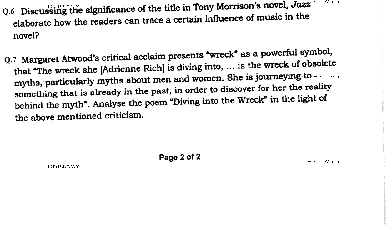 MA Part 1 English American Literature Past Paper 2020 Punjab University