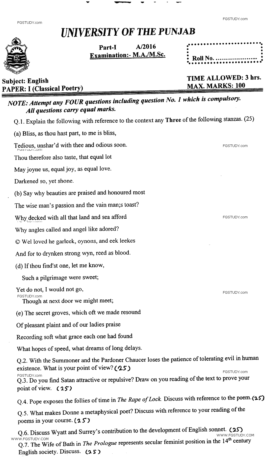 MA Part 1 English Classical Poetry Past Paper 2016 Punjab University