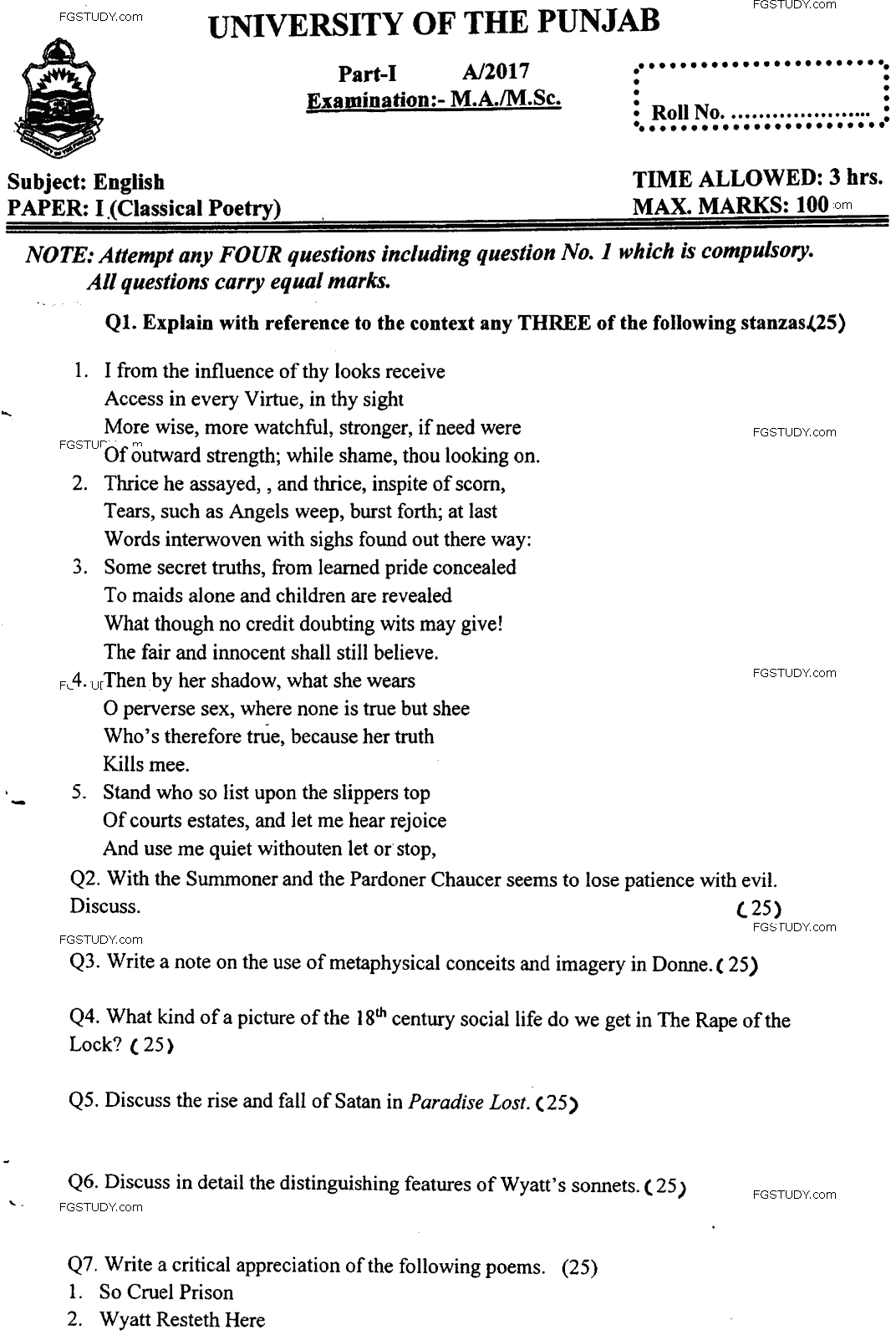 MA Part 1 English Classical Poetry Past Paper 2017 Punjab University