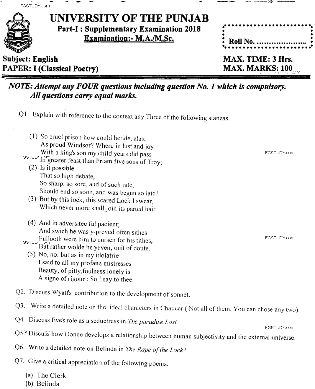 MA Part 1 English Classical Poetry Past Paper 2018 Punjab University