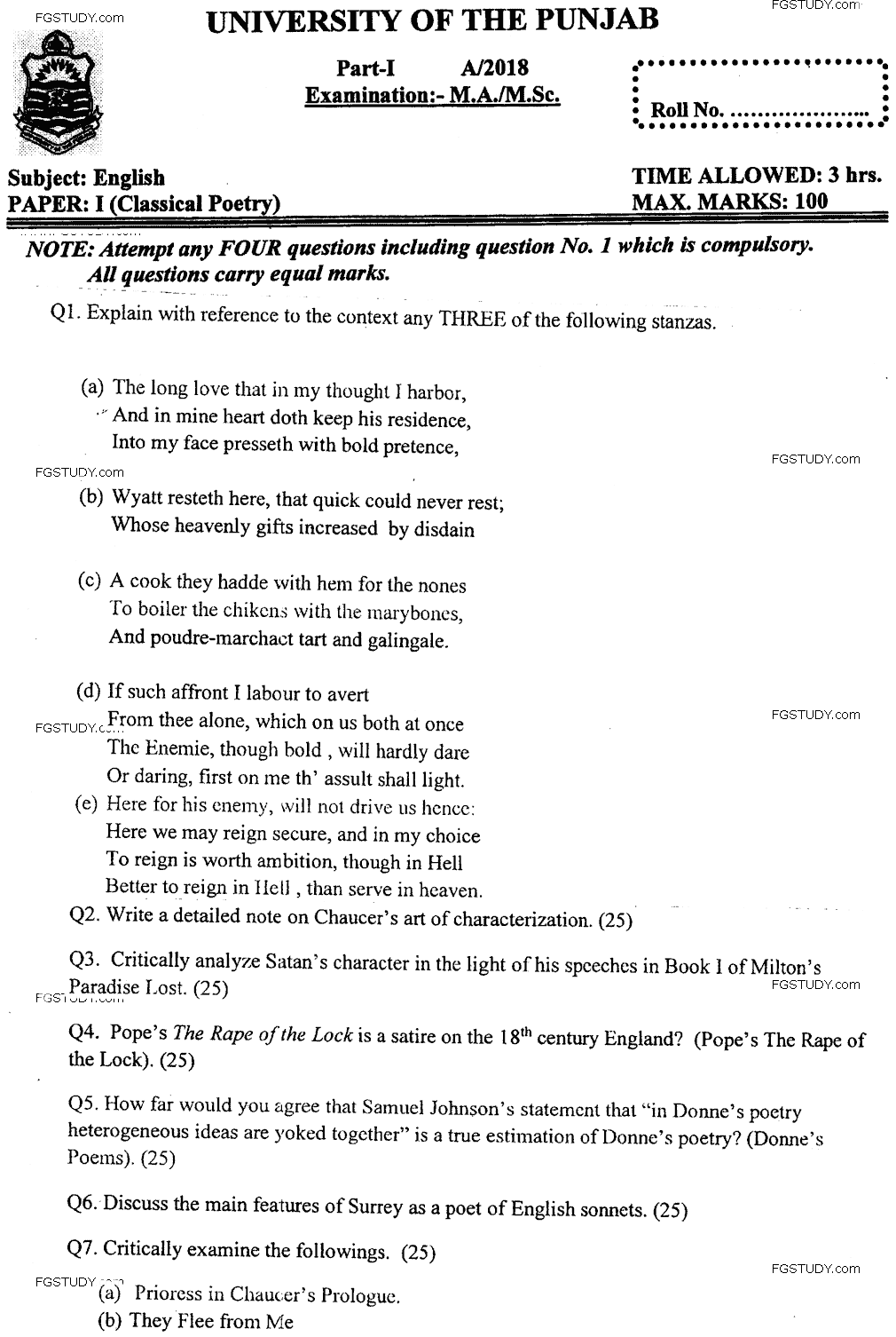 MA Part 1 English Classical Poetry Past Paper 2018 Punjab University