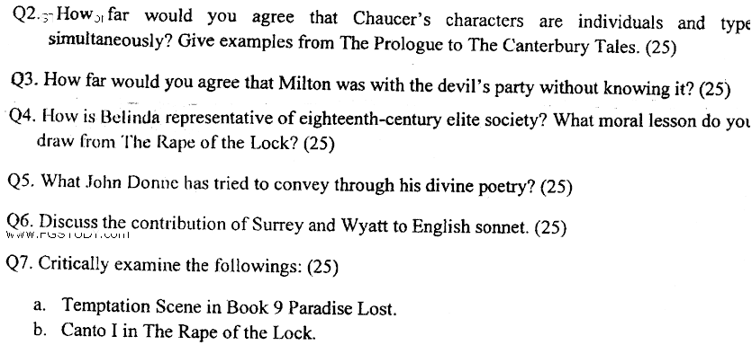 MA Part 1 English Classical Poetry Past Paper 2019 Punjab University