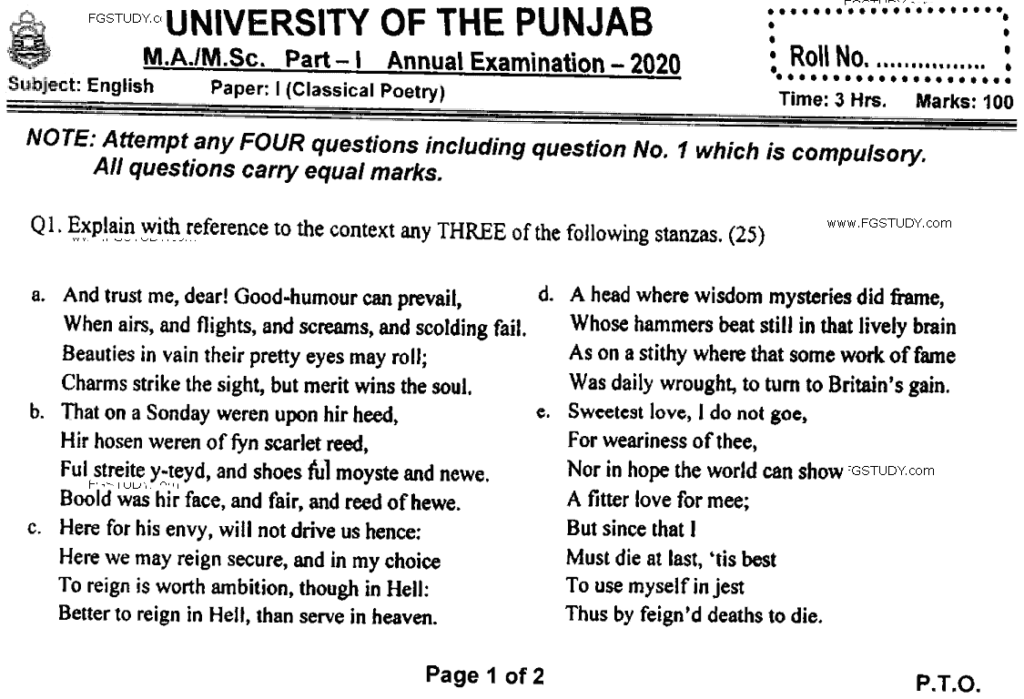 MA Part 1 English Classical Poetry Past Paper 2020 Punjab University