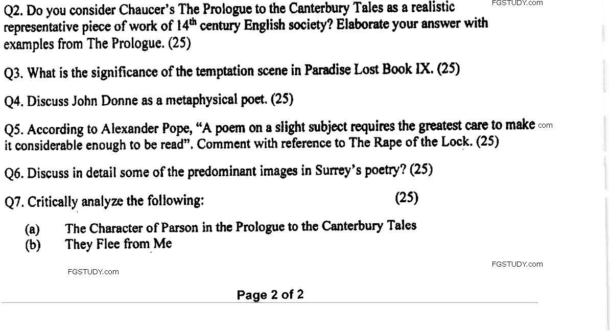 MA Part 1 English Classical Poetry Past Paper 2020 Punjab University