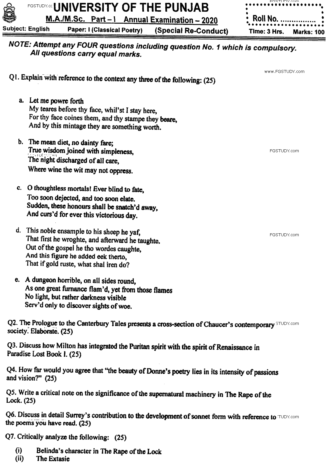 MA Part 1 English Classical Poetry Past Paper 2020 Punjab University