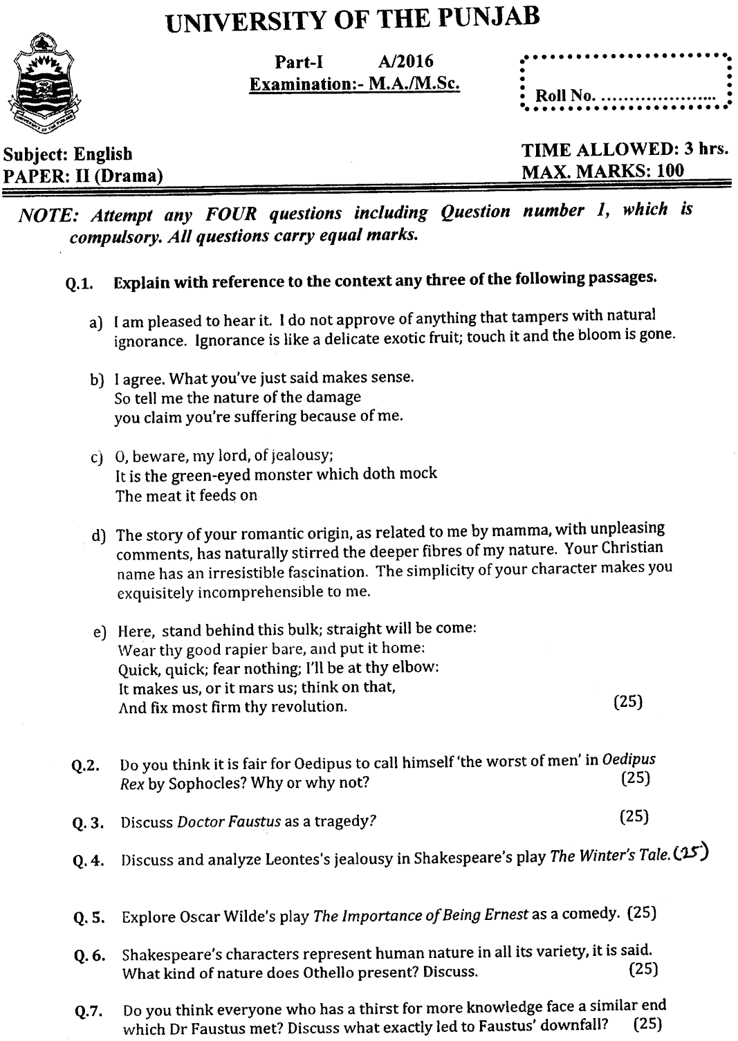 MA Part 1 English Drama Past Paper 2016 Punjab University