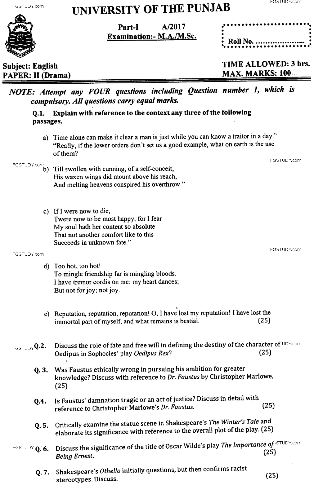 MA Part 1 English Drama Past Paper 2017 Punjab University