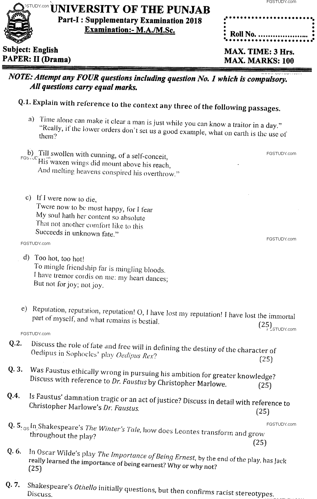 MA Part 1 English Drama Past Paper 2018 Punjab University